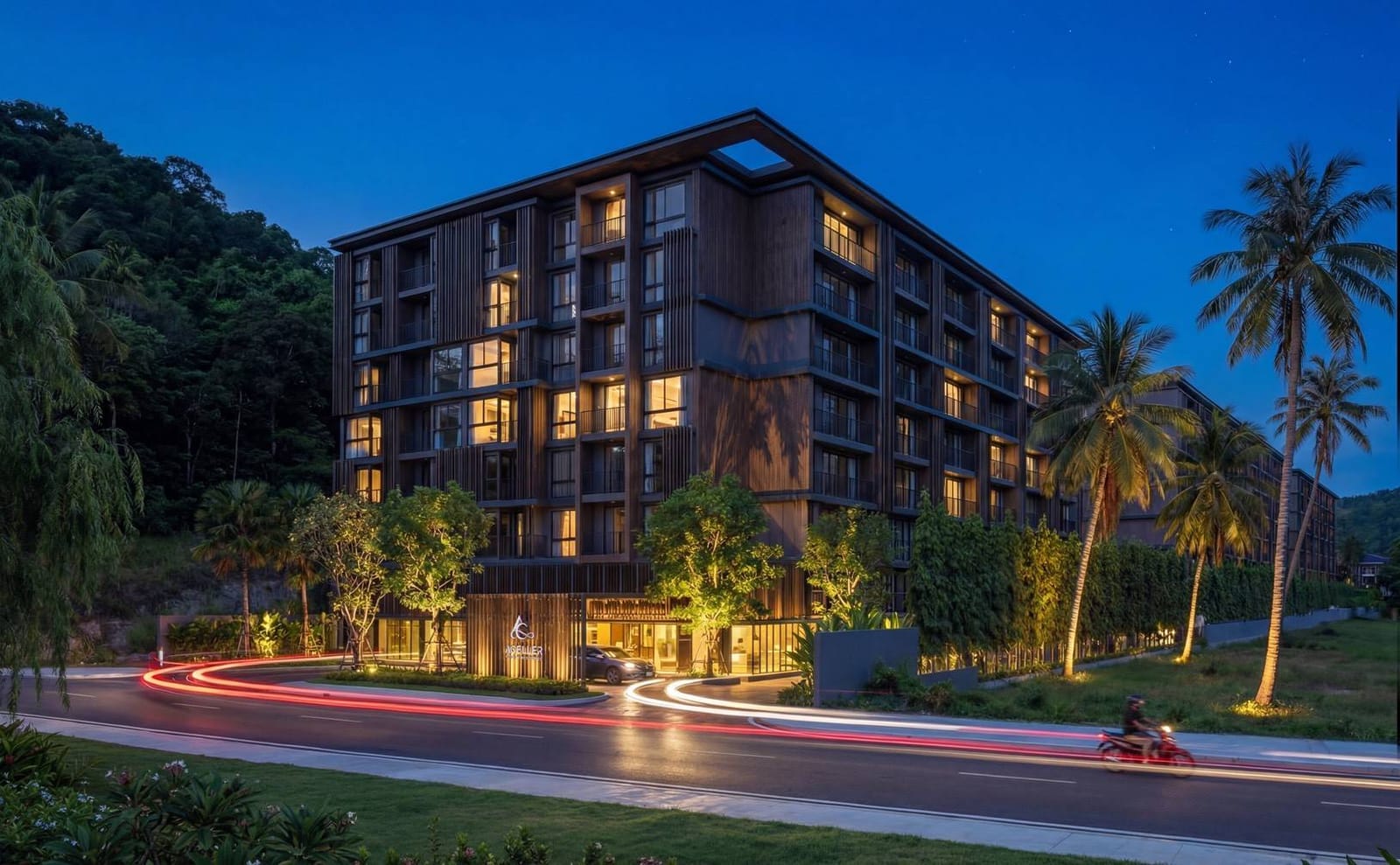 1-Bedroom Condominium for Sale in Chalong, Phuket — Condominium exterior at dusk on Soi Ta-iad, Chalong Phuket