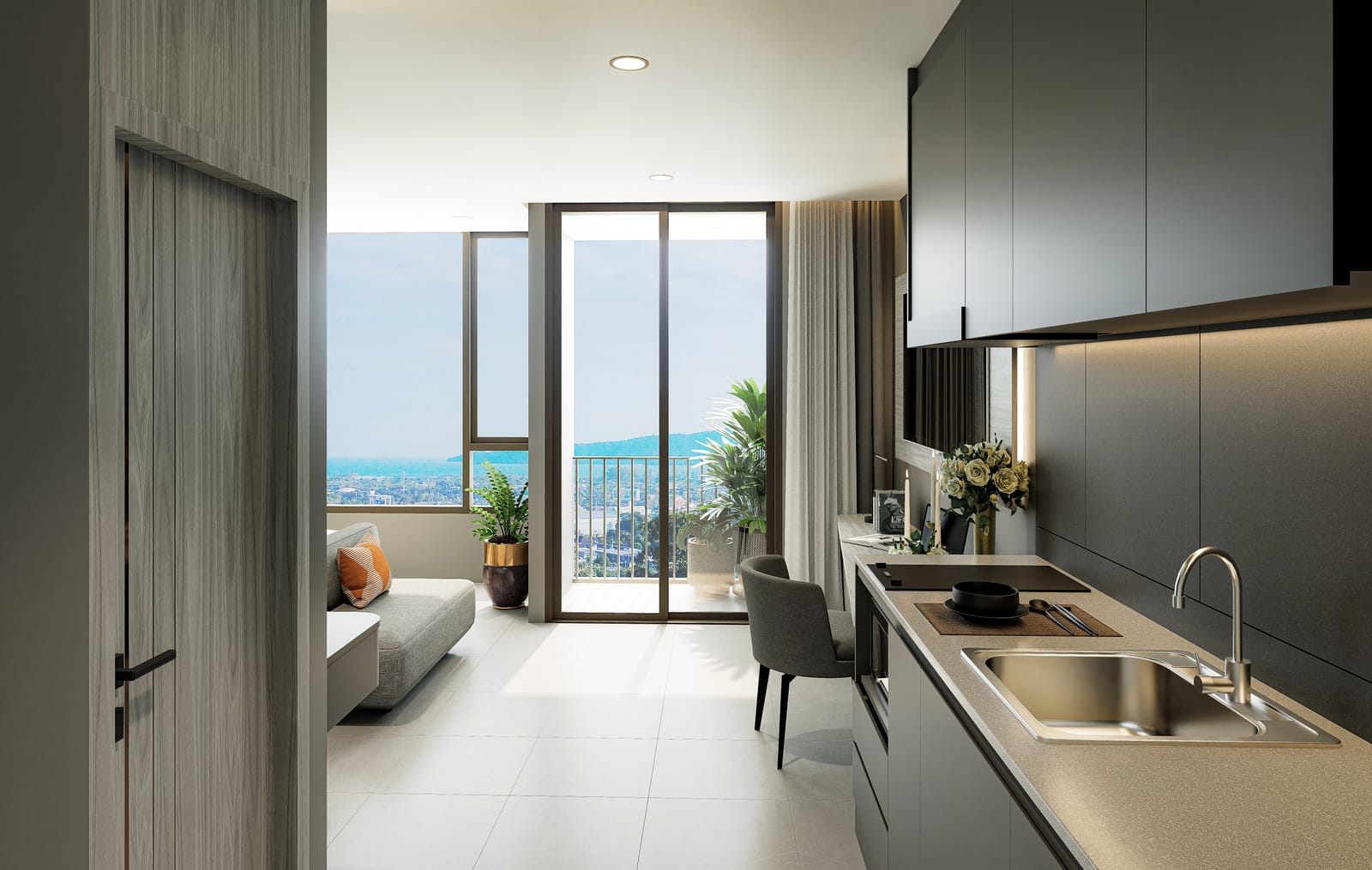 1-Bedroom Condominium for Sale in Chalong, Phuket — Studio 29 sq.m: living area opening to the balcony