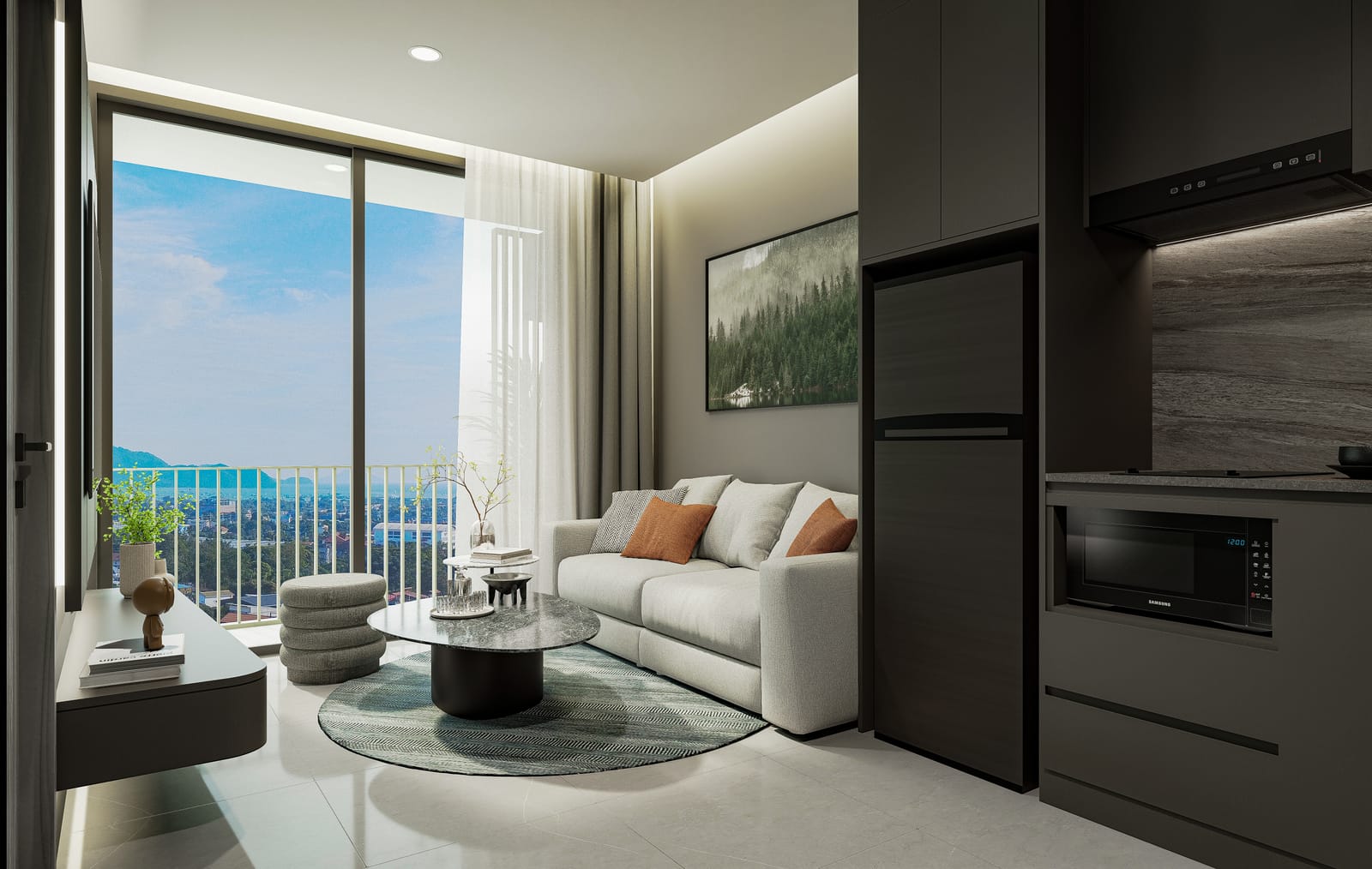 1-Bedroom Condominium for Sale in Chalong, Phuket — One-bedroom 34.5 sq.m: living room and kitchen