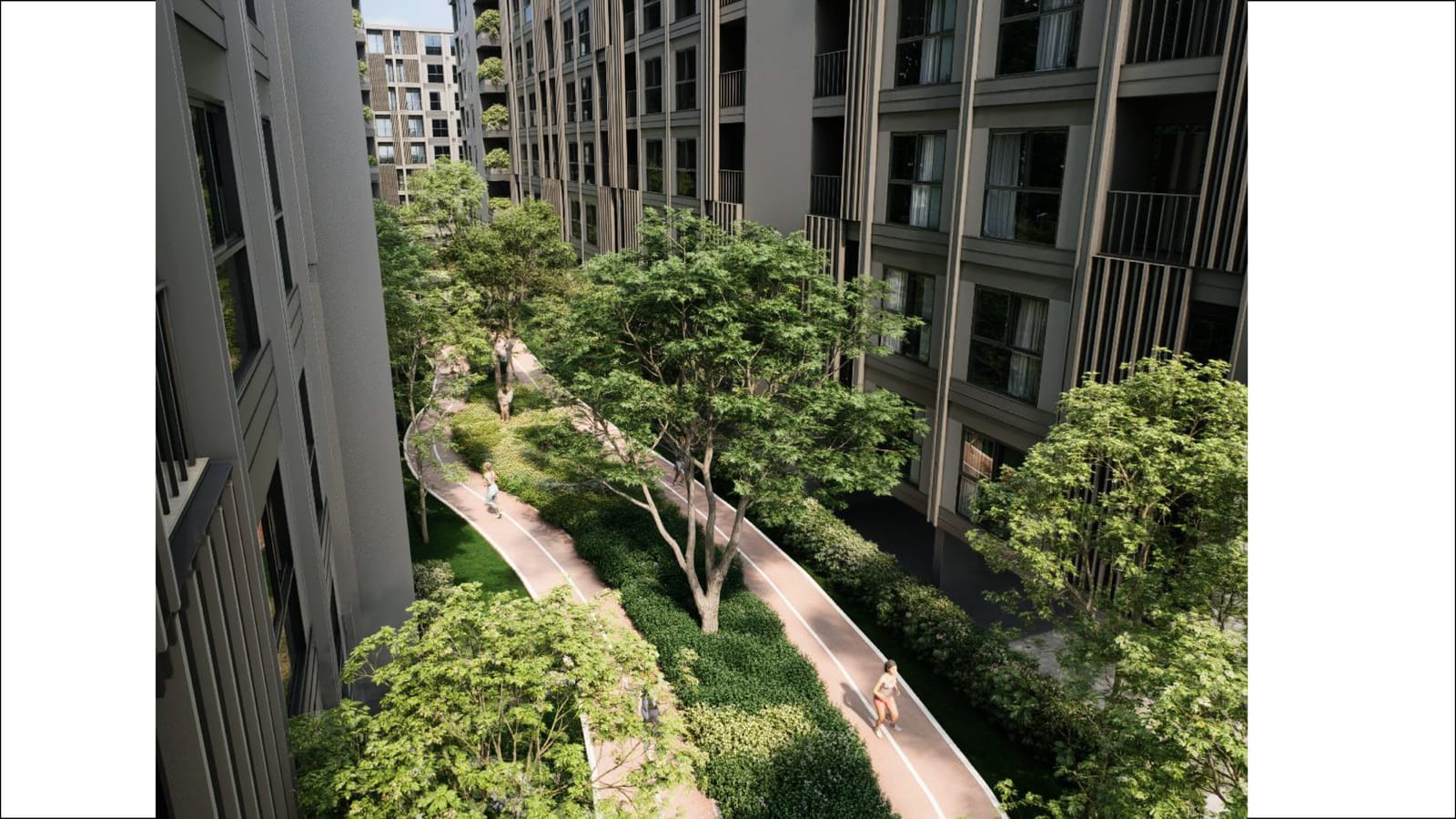 1-Bedroom Condominium for Sale in Chalong, Phuket — Aerial view of the landscaped jogging track between the buildings