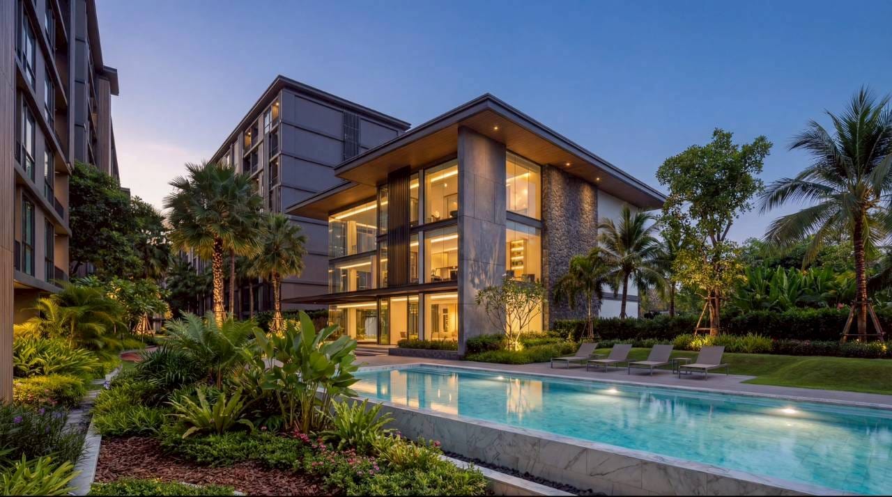 1-Bedroom Condominium for Sale in Chalong, Phuket — Clubhouse and pool lit at dusk, Soi Ta-iad