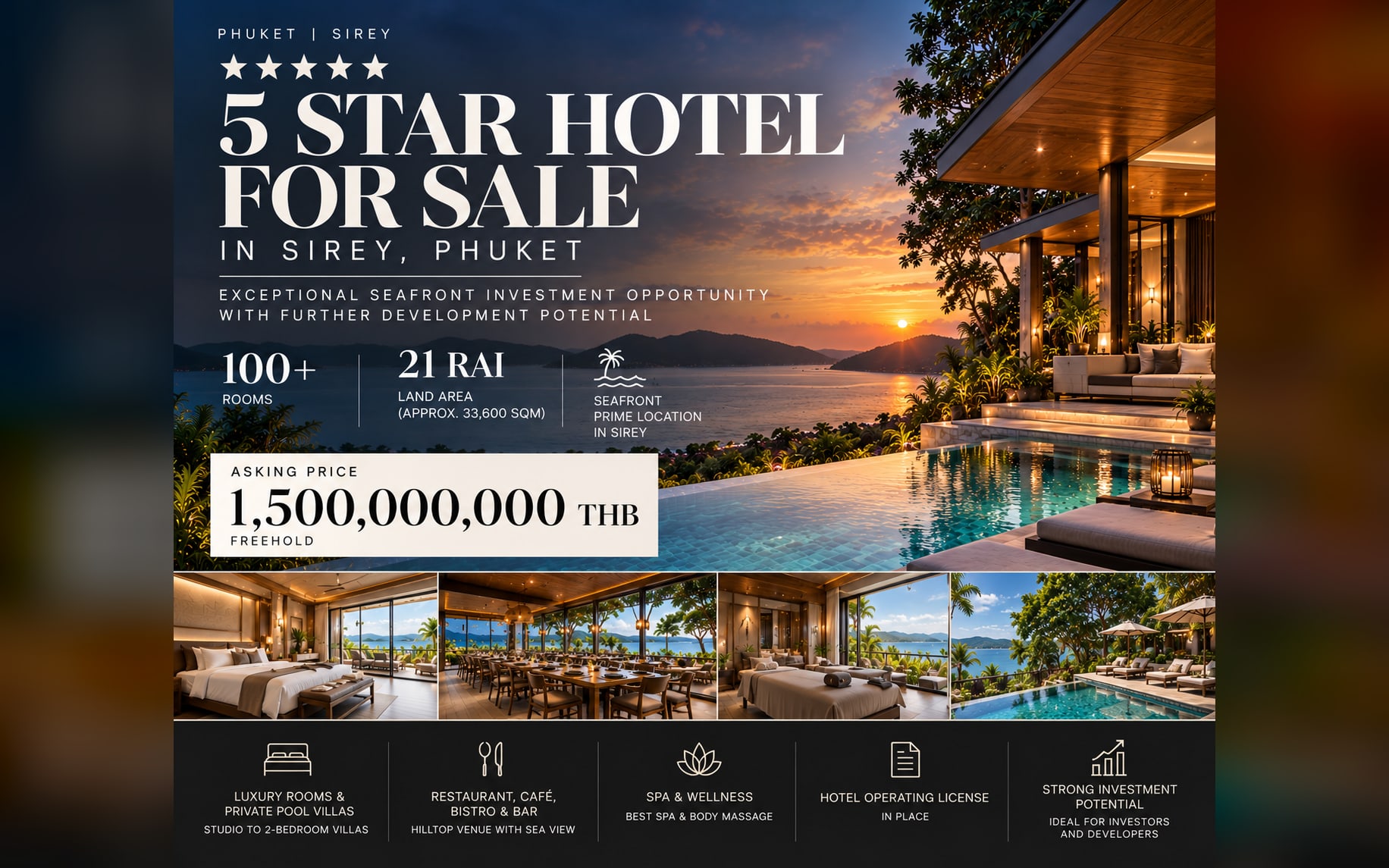 103-Room Hotel for Sale in Phuket Town — 5-star seafront hotel for sale in Sirey, Phuket - 100+ rooms on 21 rai, 1,500,000,000 THB freehold